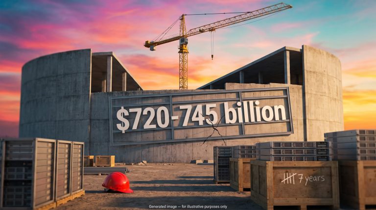 Idle crane over an unfinished data centre with a $720-745 billion sign, illustrating the AI bubble debate over hyperscaler capex
