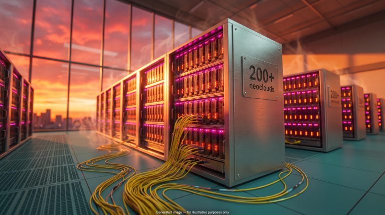 GPU server rack in a neocloud data hall under a red sunset sky, illustrating AI bubble debt and financing fragility
