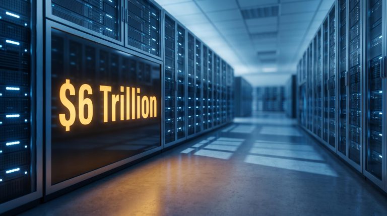 AI data centre corridor with $6 trillion demand threshold display highlighting AI bubble risk for index investors