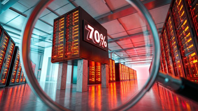 Towering server rack stack balanced on two cracked pillars with "70%" sign, illustrating AI bubble risk and customer concentration
