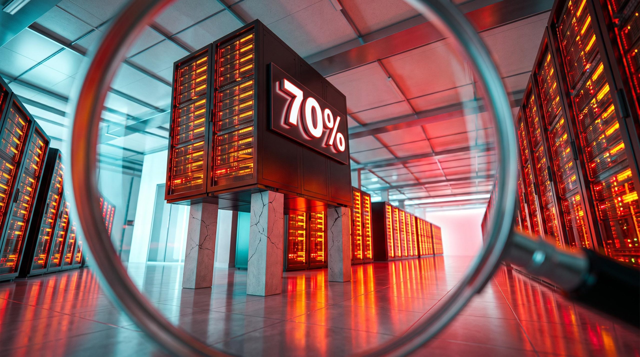 Towering server rack stack balanced on two cracked pillars with "70%" sign, illustrating AI bubble risk and customer concentration