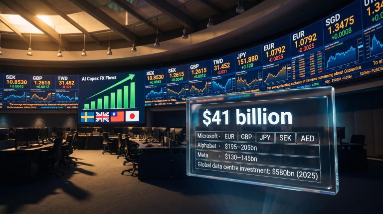 FX trading screens showing $41bn Microsoft capex and AI infrastructure currency flows across SEK, GBP, TWD and JPY