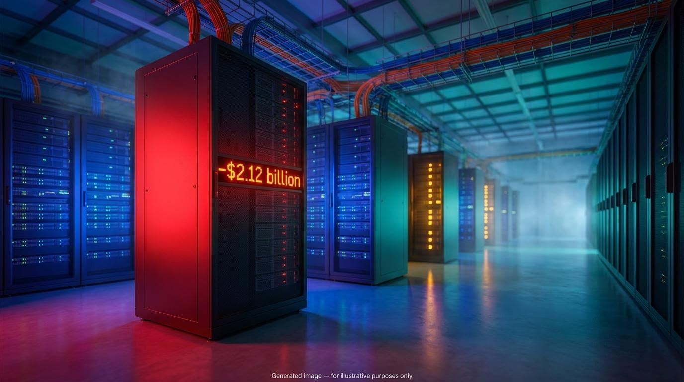 AI data centre server rack showing -$2.12 billion cash flow, illustrating the AI capital crunch facing Meta and hyperscalers