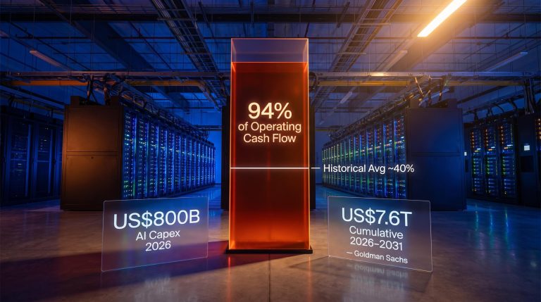 AI capital expenditure at 94% of hyperscaler operating cash flow shown against data centre infrastructure