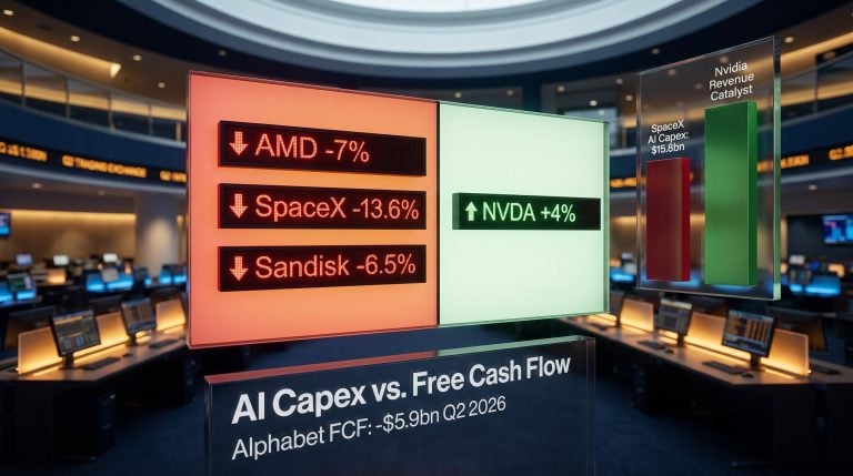Split market data panel showing AMD, SpaceX, Sandisk falling vs Nvidia rising amid AI capital expenditure sell-off