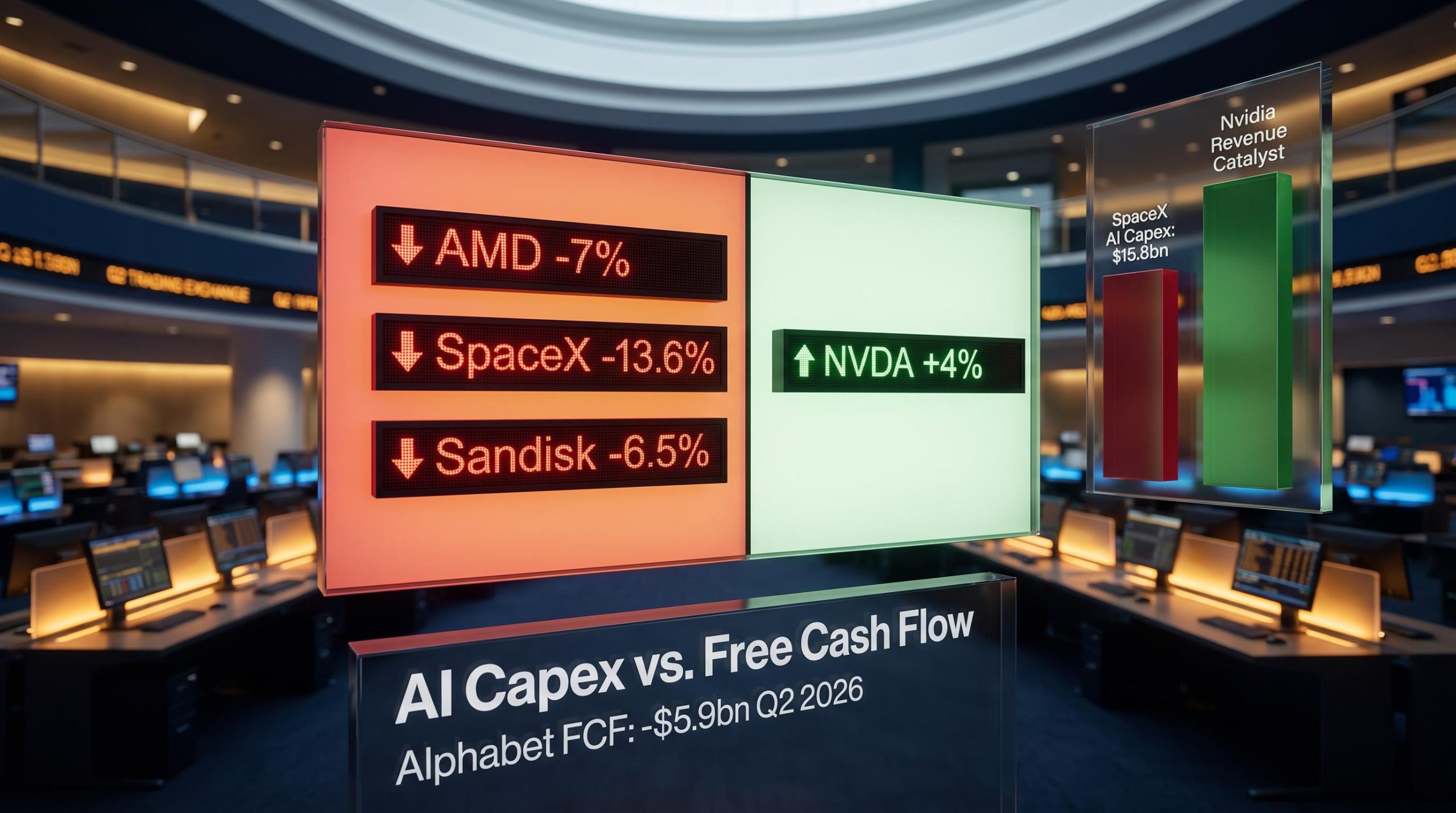 Split market data panel showing AMD, SpaceX, Sandisk falling vs Nvidia rising amid AI capital expenditure sell-off