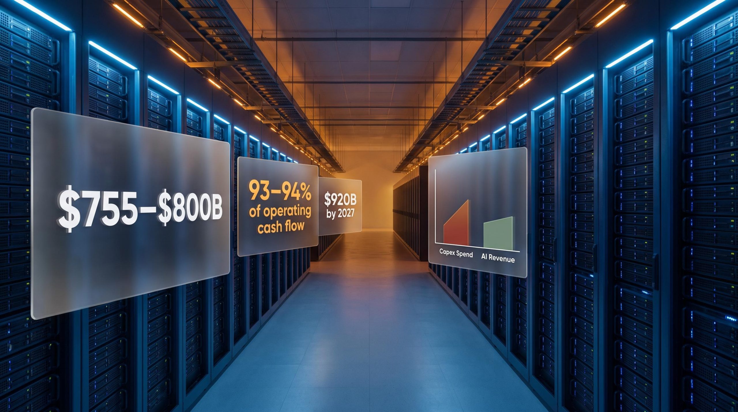 AI data centre corridor with floating panels showing "$755–$800B" capex and "93–94% of operating cash flow" figures
