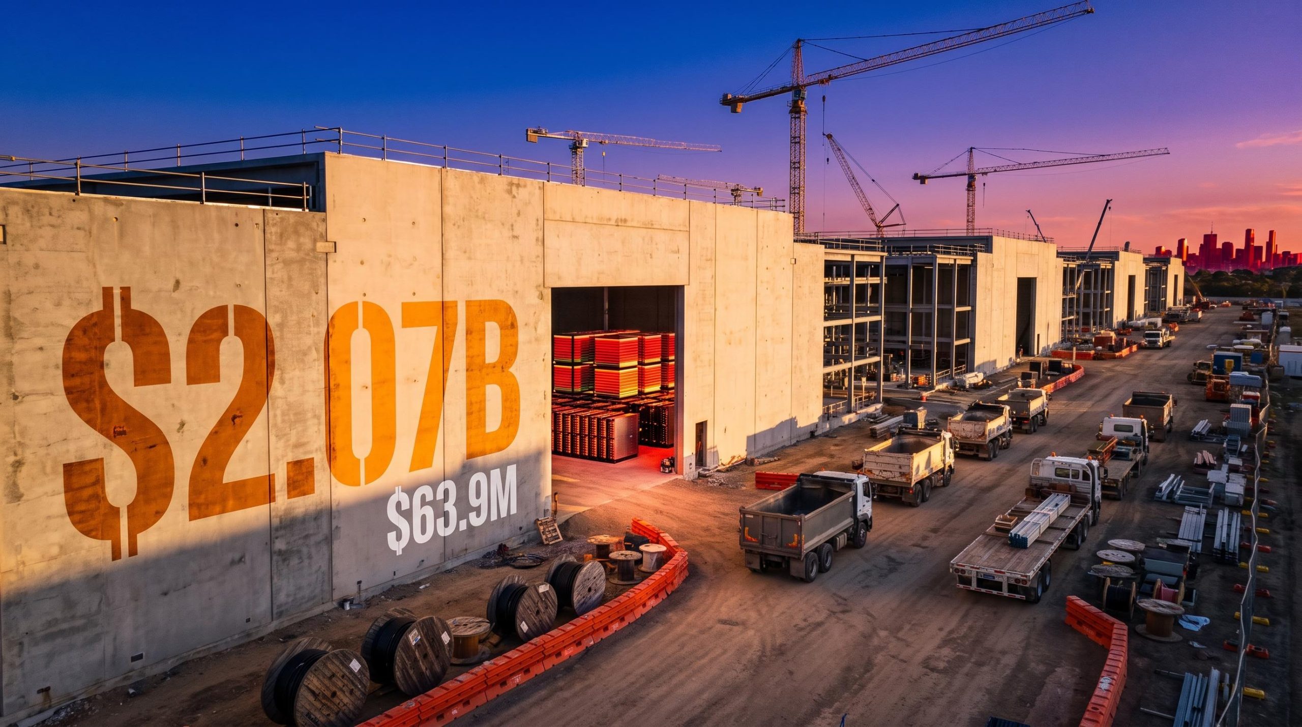 Data centre construction site with a $2.07B spend tally painted on a wall, illustrating AI capital spending and cash burn