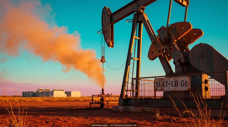 Oil pumpjack at sunset with distant data centre and sign reading 0.47-1.8 Gt, illustrating AI carbon emissions