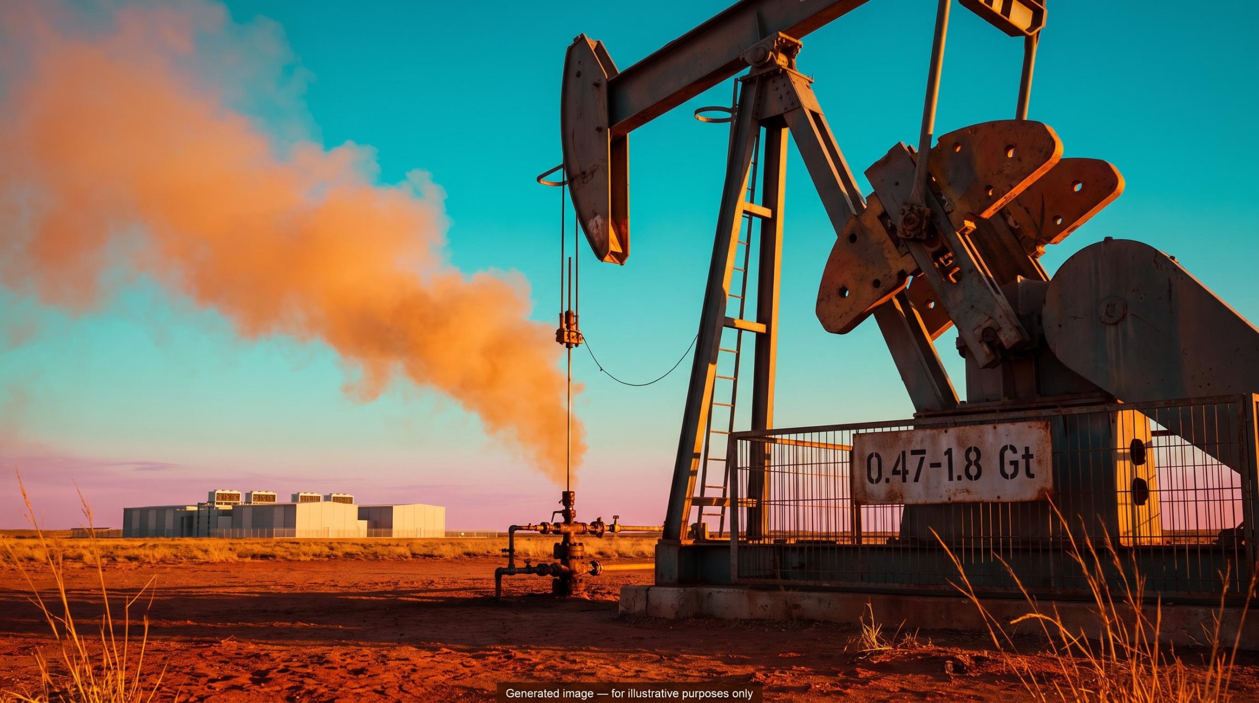 Oil pumpjack at sunset with distant data centre and sign reading 0.47-1.8 Gt, illustrating AI carbon emissions
