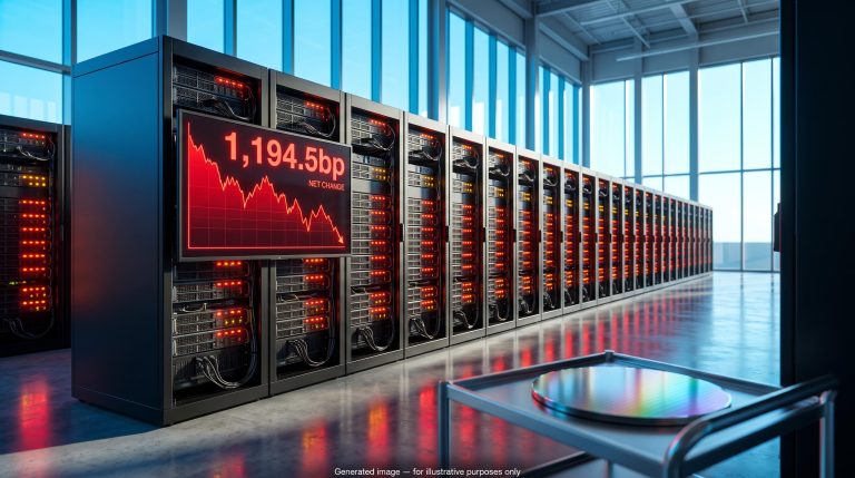 AI chip sell-off: data centre server aisle in red light with CoreWeave-style credit spread figure 1,194.5bp on a rack display