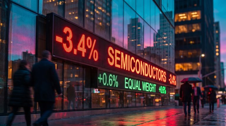 Market ticker showing semiconductors down 3.4% versus equal weight up 0.6% during the AI chip stock selloff
