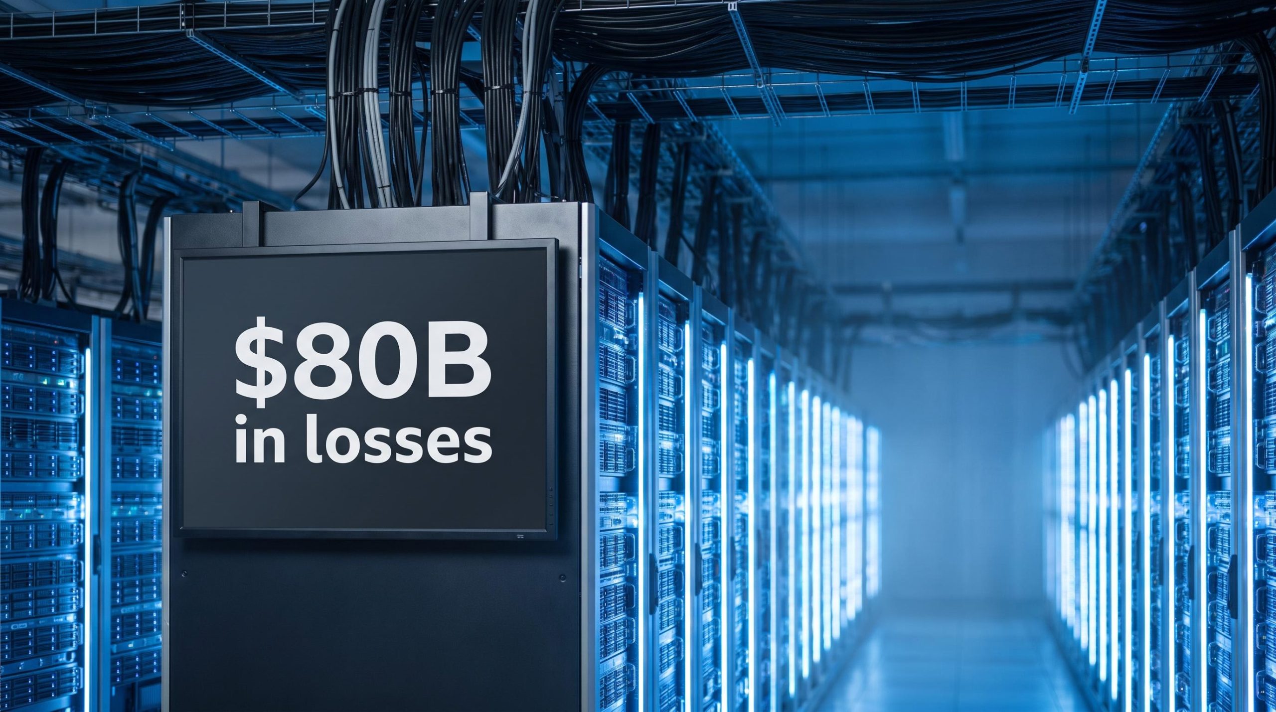 Vast data centre hall with server racks and an $80B losses panel — AI company profitability under scrutiny