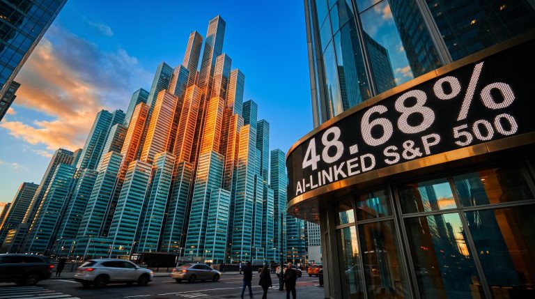 Skyline with nearly half its towers glowing amber beside a ticker showing 48.68%, illustrating AI concentration in the S&P 500