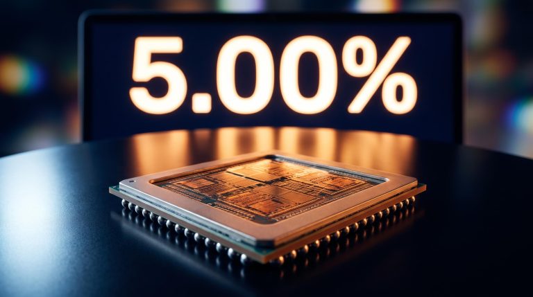AI semiconductor chip under amber 5.00% Treasury yield glow — AI cost of capital concept