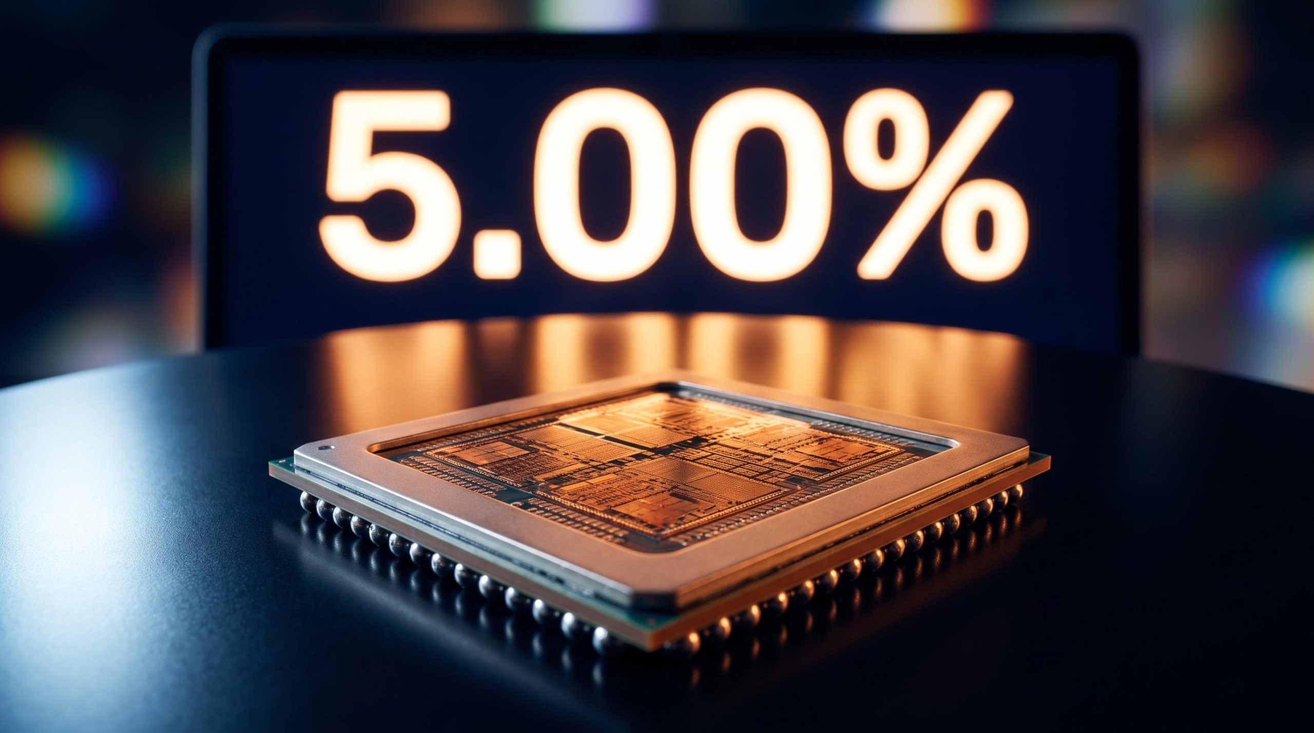 AI semiconductor chip under amber 5.00% Treasury yield glow — AI cost of capital concept