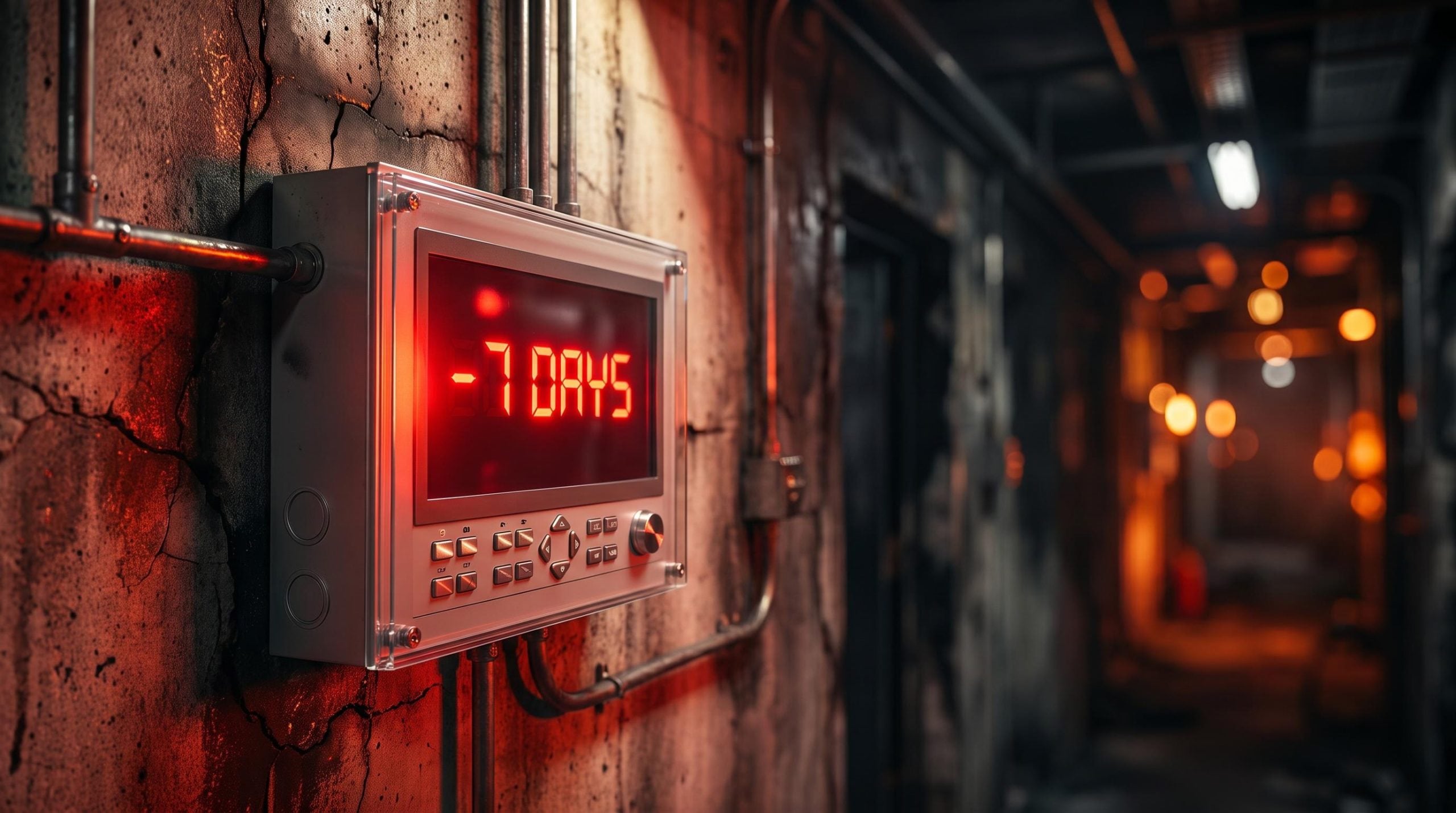 Industrial alarm panel flashing "-7 DAYS" in crimson — AI cybersecurity exploit window inversion visualised