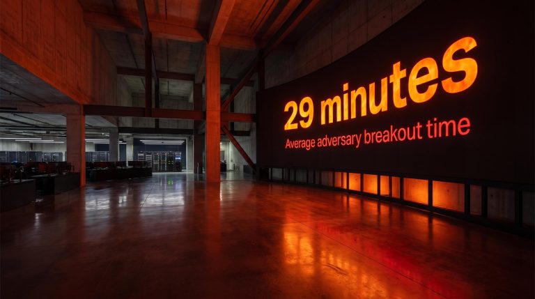 Massive operations centre screen displaying "29 minutes" as AI cybersecurity spending alarm signals systemic threat