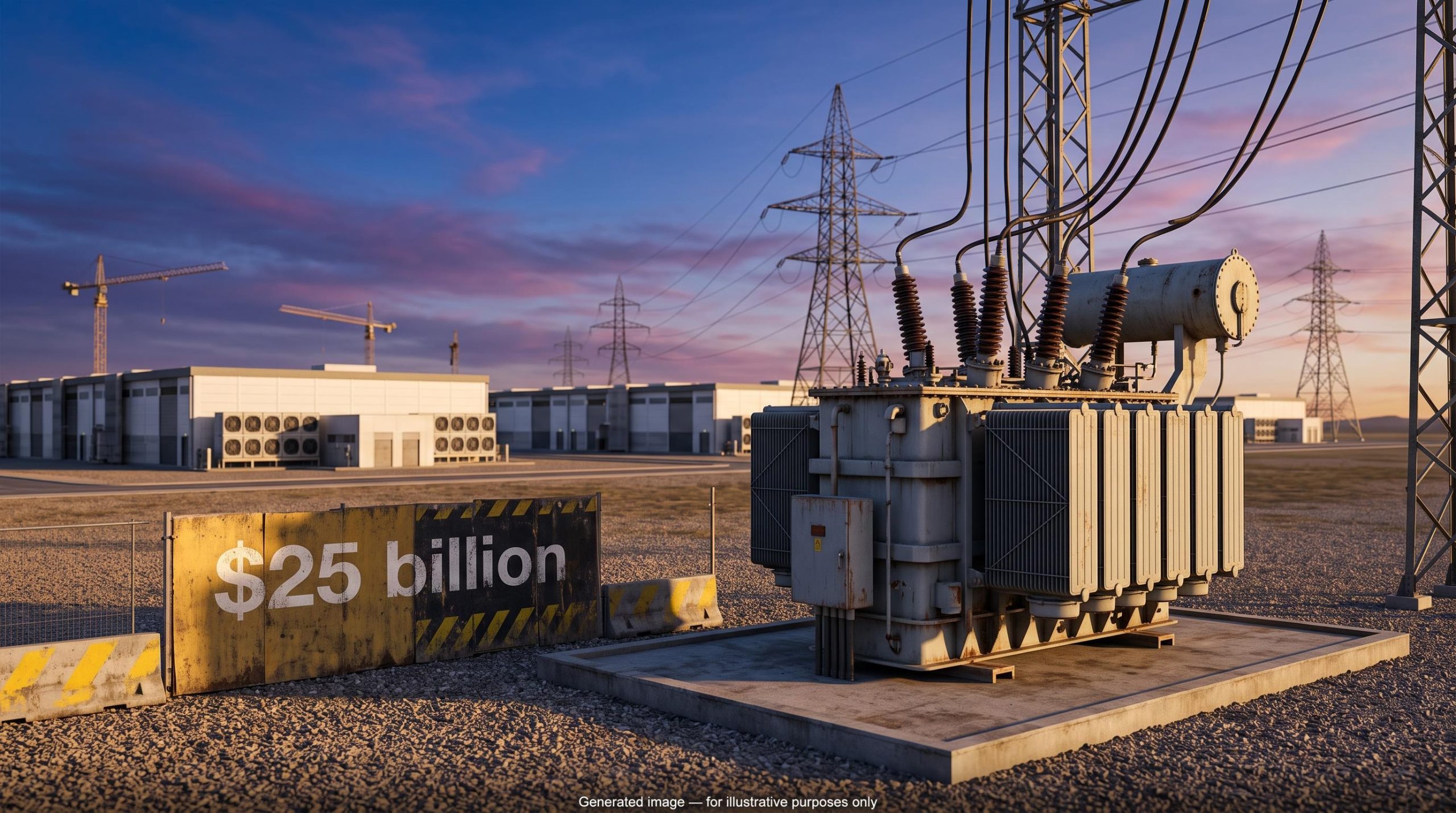 Idle data centre campus with grid transformer and $25 billion sign, illustrating AI data center financing and power limits