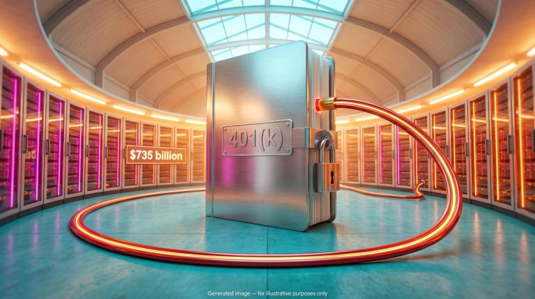 Looping red cable circling a data-centre hall back to a 401(k) ledger, illustrating AI debt exposure in retirement savings