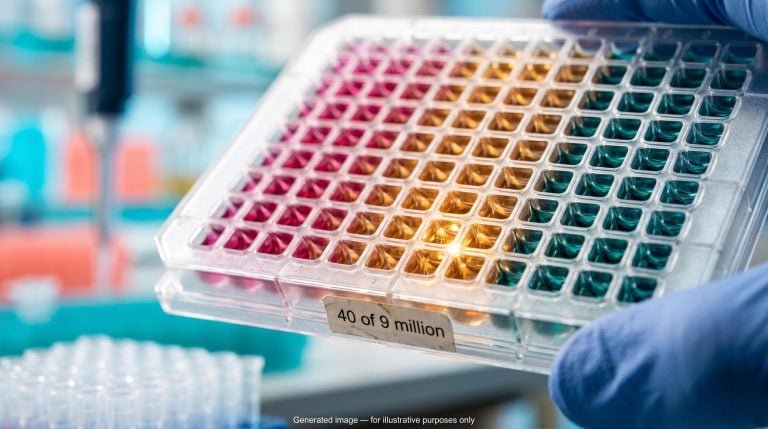 Laboratory microplate with a colour-graded dose matrix, illustrating how AI drug combinations are narrowed to a lab shortlist