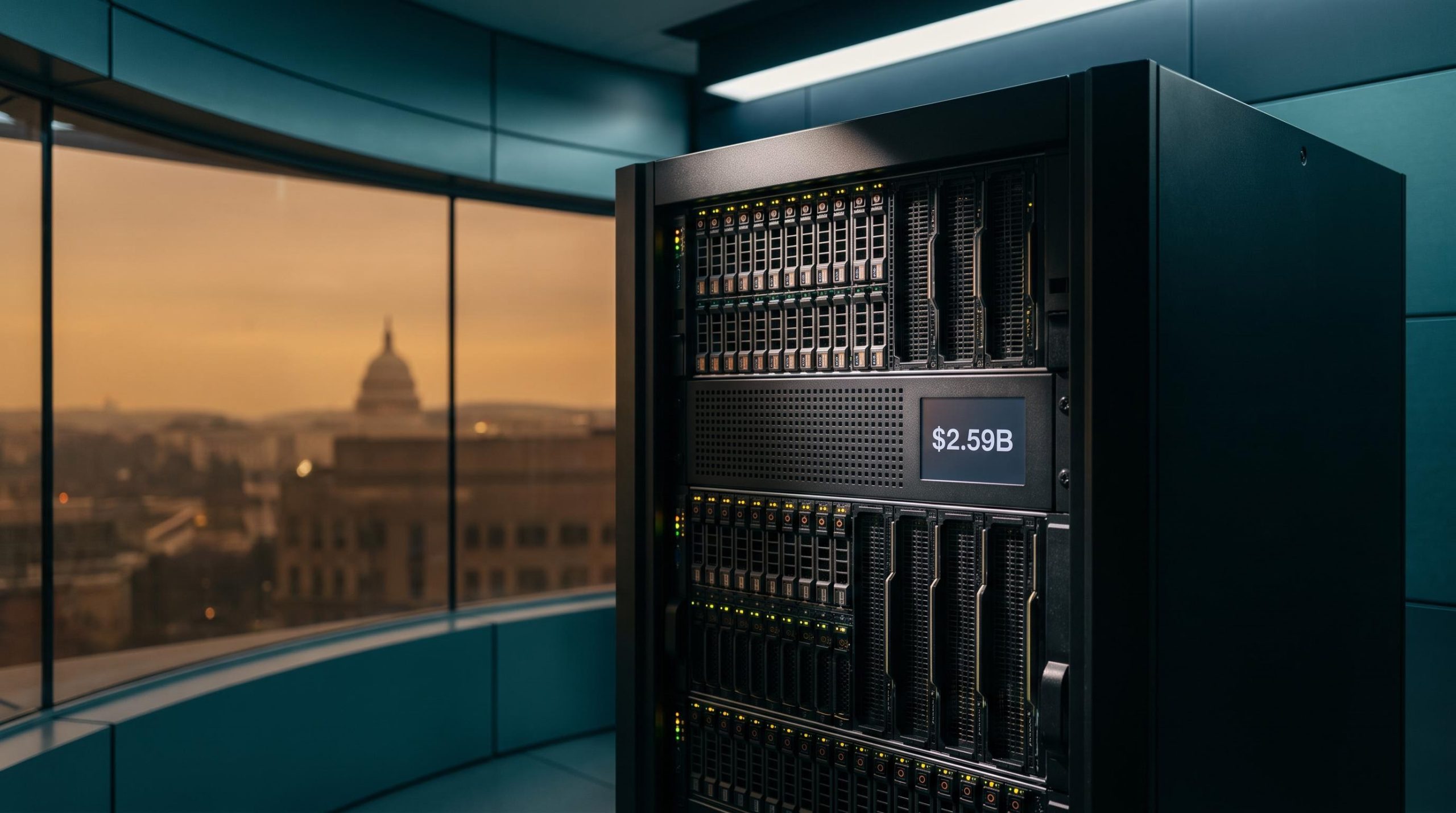 AI server rack displaying $2.59B with Capitol skyline — Meta depreciation accounting inside Big Tech AI earnings