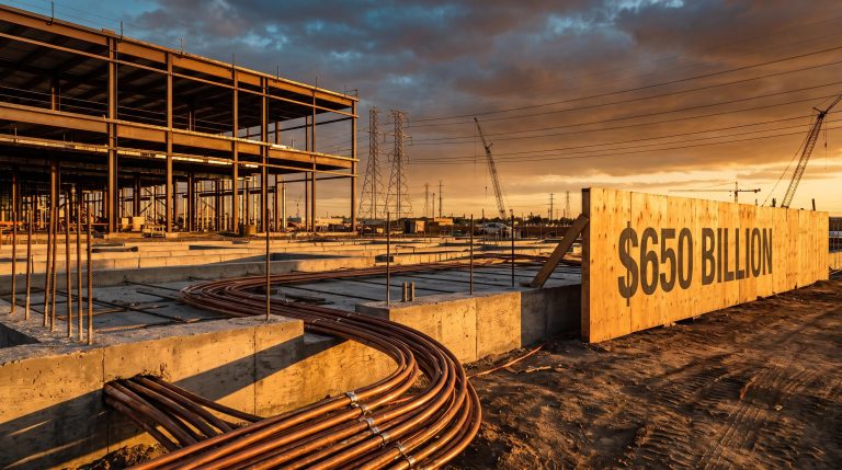 Massive US data centre construction site with cranes and power lines, reflecting $650 billion AI infrastructure spending wave