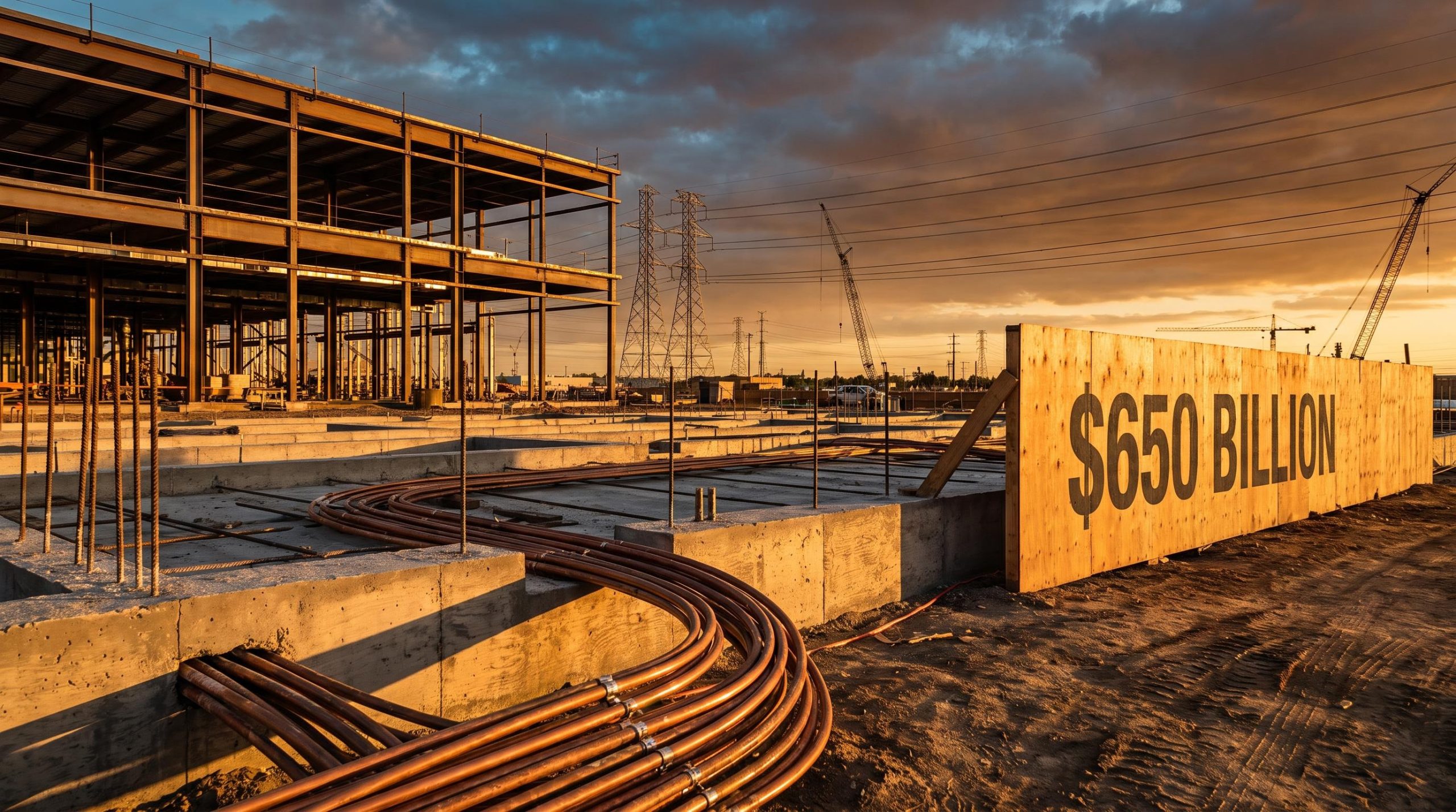 Massive US data centre construction site with cranes and power lines, reflecting $650 billion AI infrastructure spending wave