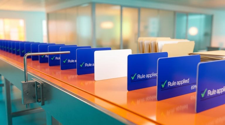 Row of compliance checklist cards on a conveyor with one blank card, illustrating silent rule drift and AI governance in regulated finance