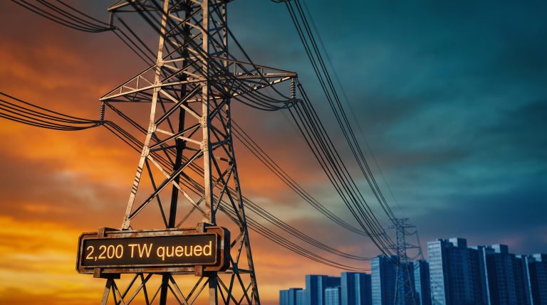 High-voltage transmission tower and waiting data centers illustrate AI infrastructure bottlenecks with 2,200 TW grid queue