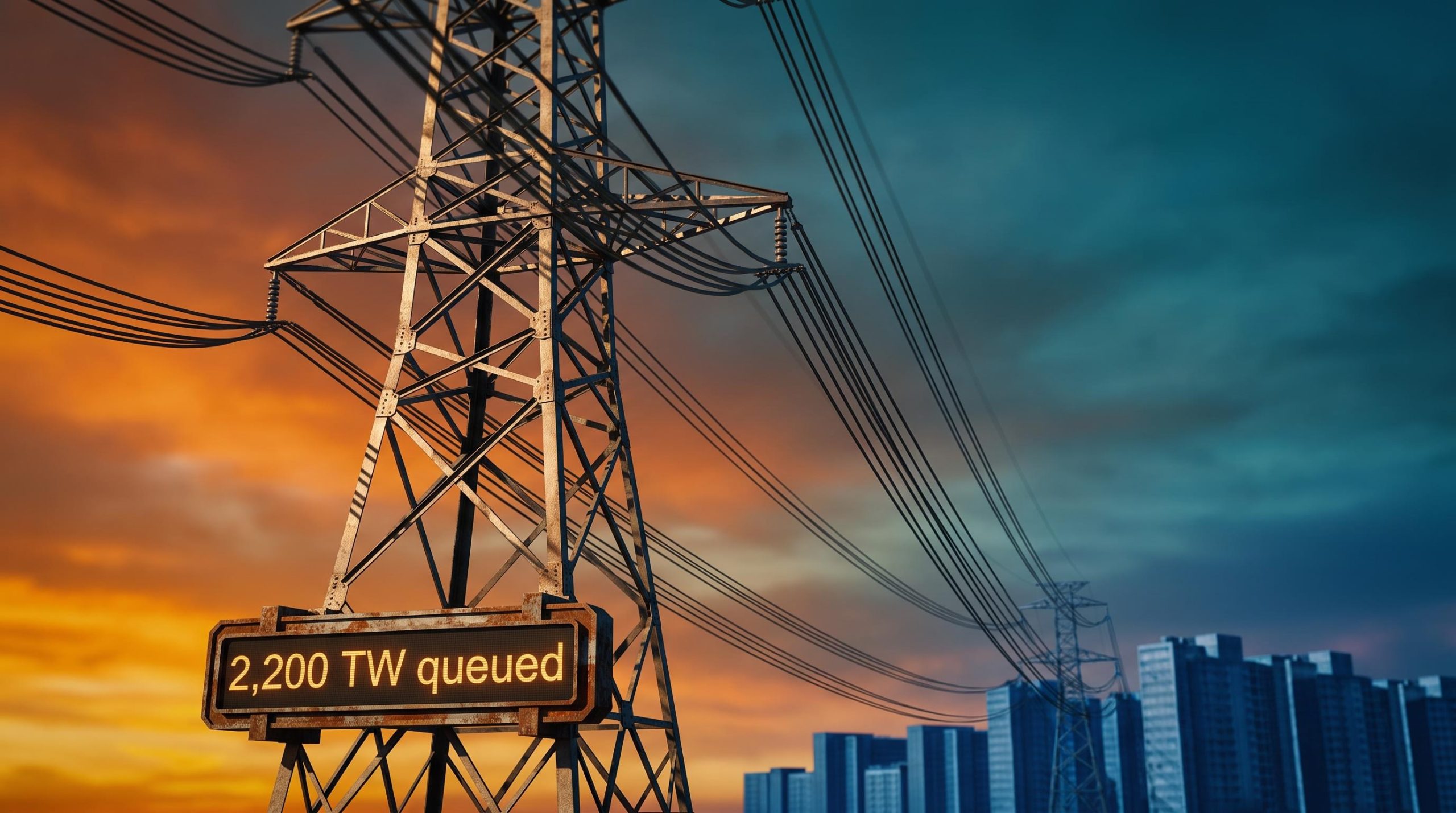 High-voltage transmission tower and waiting data centers illustrate AI infrastructure bottlenecks with 2,200 TW grid queue