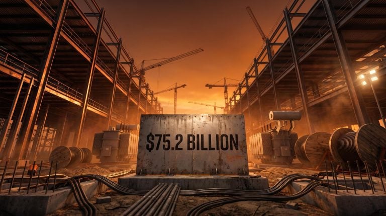 Massive data center construction site at dusk with "$75.2 billion" on a site board — AI infrastructure inflation driving Fed rate outlook