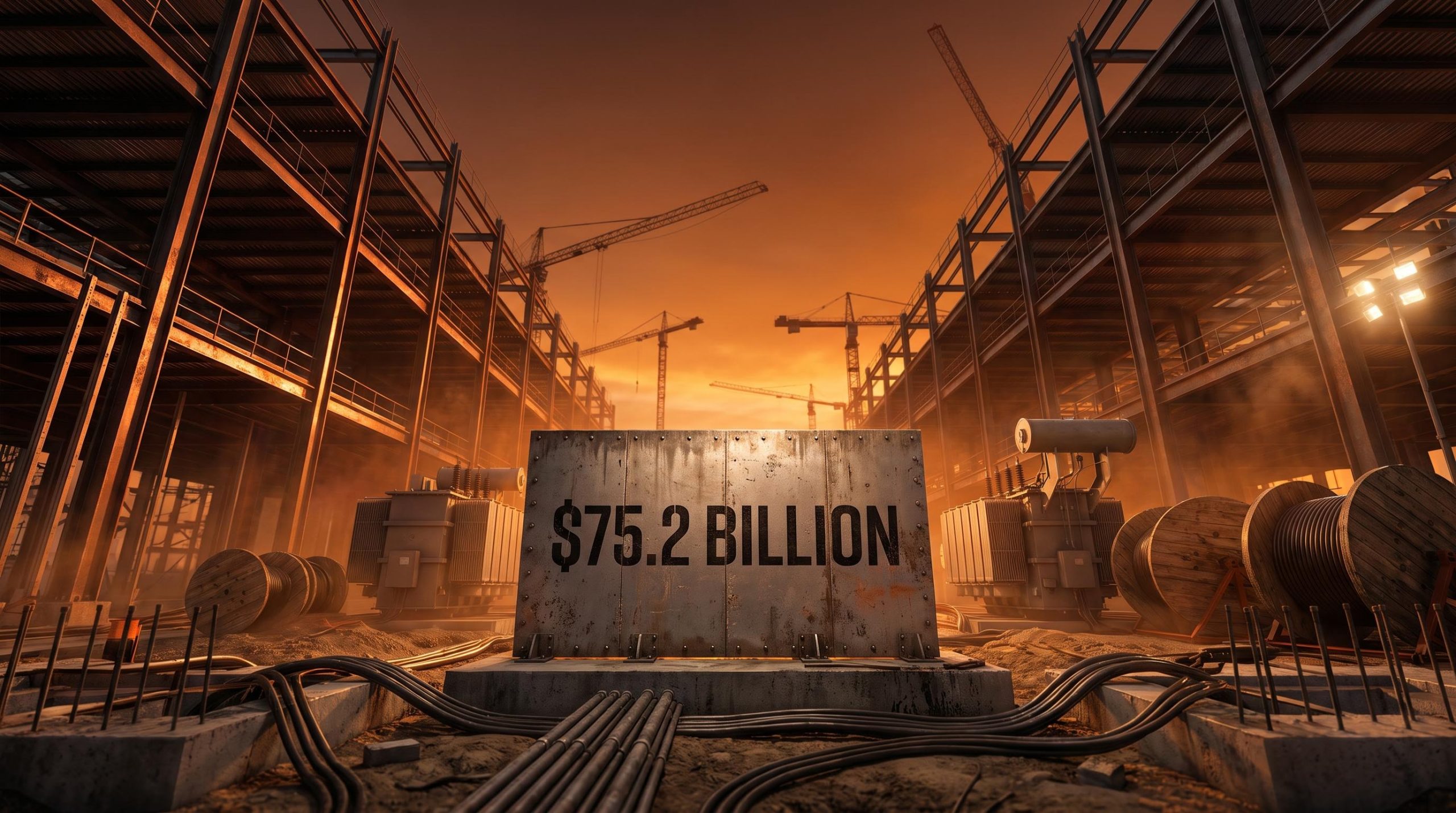 Massive data center construction site at dusk with "$75.2 billion" on a site board — AI infrastructure inflation driving Fed rate outlook