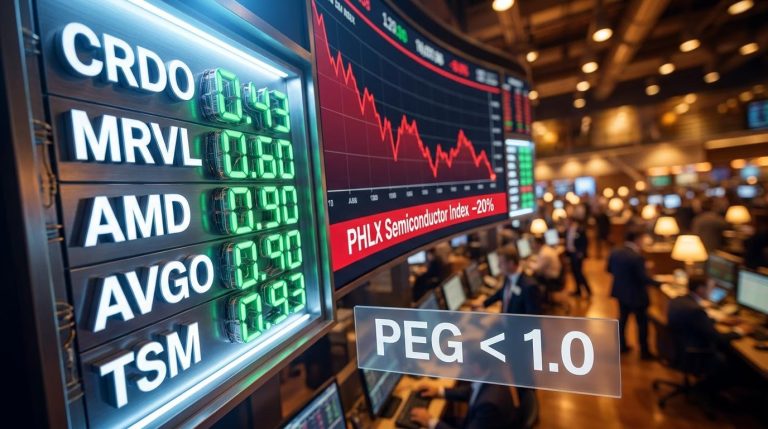 Five AI infrastructure stocks CRDO MRVL AMD AVGO TSM showing PEG ratios below 1.0 amid a 20% semiconductor bear market