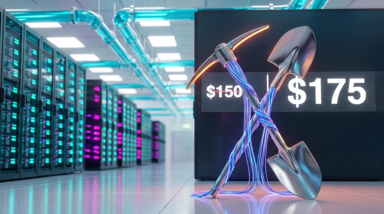 Chrome pickaxe and shovel in an AI data centre beside $175 and $150 price signs, illustrating AI infrastructure stocks valuation