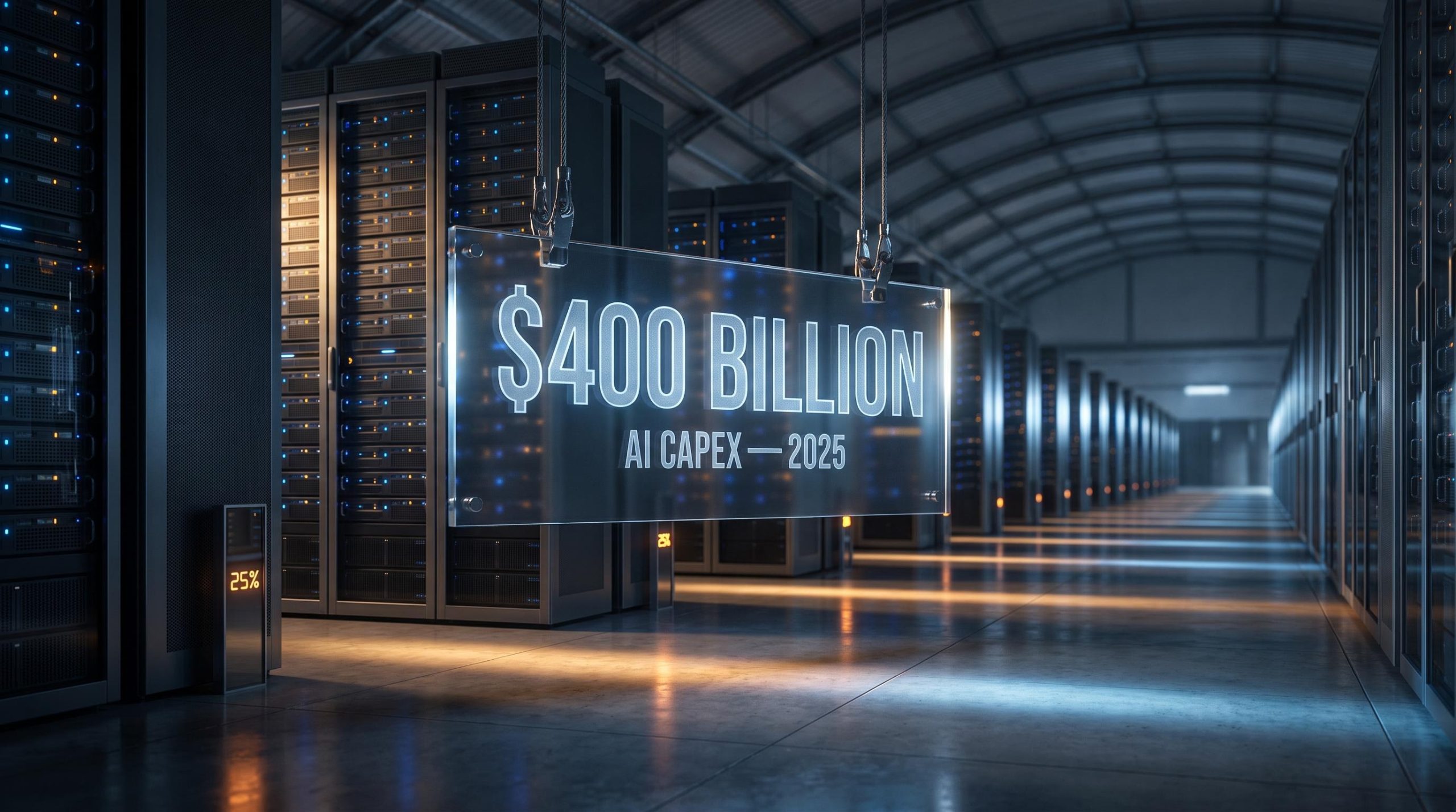 Vast server hall with $400 billion AI capex figure etched in glass — analytical lens on AI investment divergence
