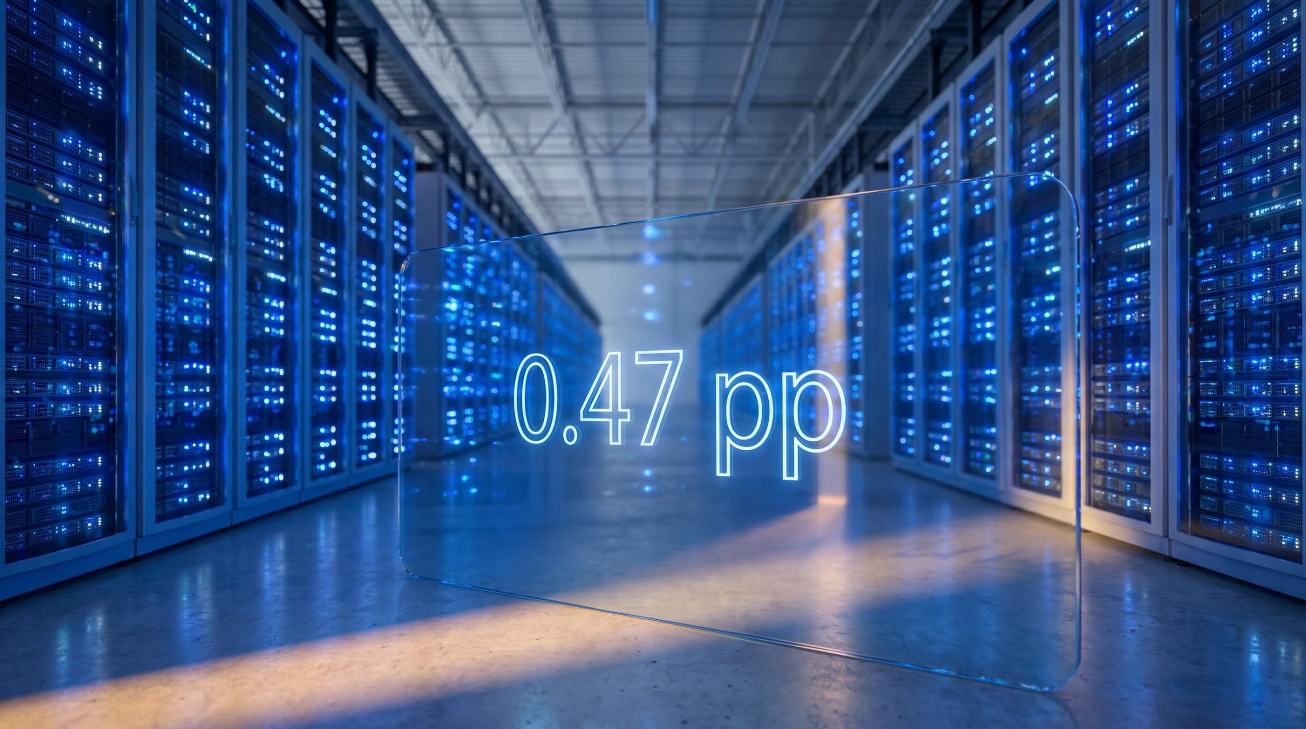Hyperscale data centre interior with "0.47 pp" etched on glass — AI investment economic impact on U.S. GDP momentum
