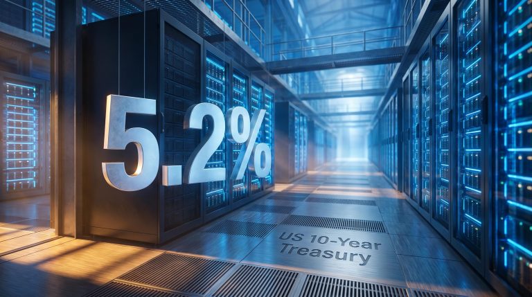 AI data centre interior with US 10-year Treasury yield at 5.2% as the dominant force behind elevated interest rates