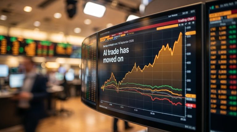 Barclays terminal screen showing diverging AI trade chart as investment strategy shifts from directional bet to stock-picking