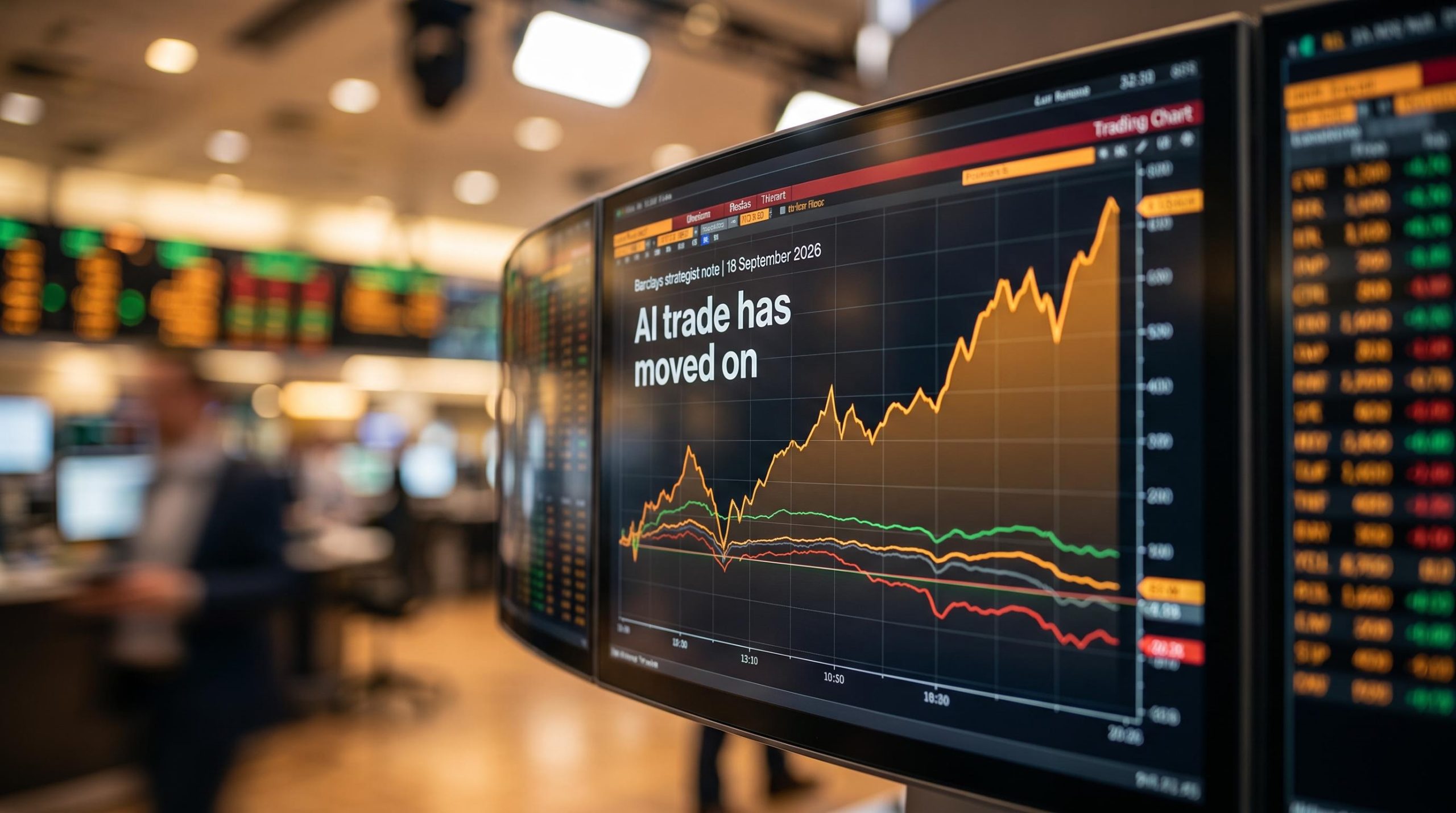 Barclays terminal screen showing diverging AI trade chart as investment strategy shifts from directional bet to stock-picking