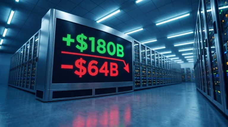 Hyperscaler server corridor terminal showing AI free cash flow swing from +$180B to –$64B, illustrating AI investment strategy risks