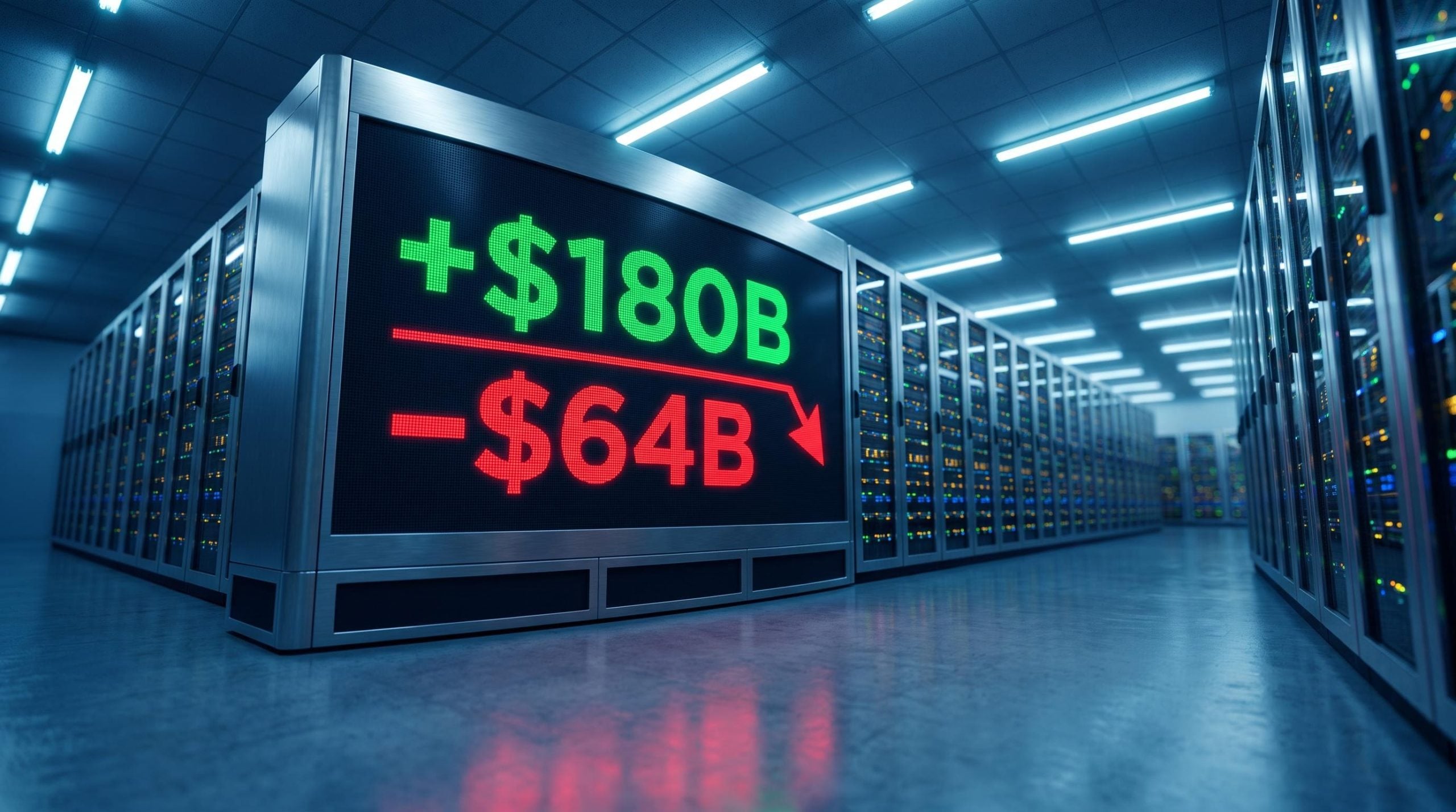 Hyperscaler server corridor terminal showing AI free cash flow swing from +$180B to –$64B, illustrating AI investment strategy risks