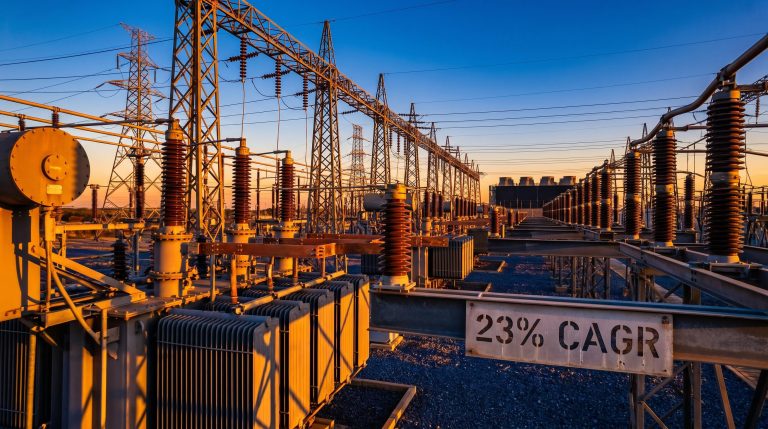 High-voltage substation at golden hour links power grid to AI data centre, illustrating AI investment strategy rotation