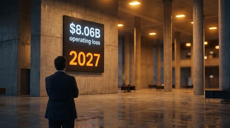 Empty exchange floor with LED board showing "$8.06B operating loss" — AI IPOs stalling into 2027