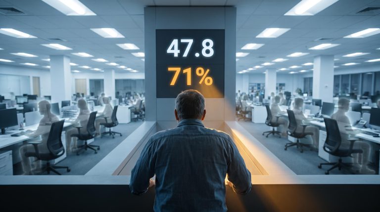 Worker facing screen showing 47.8 sentiment index amid AI job fears affecting US consumer confidence