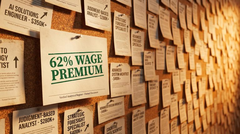Wall of job postings with 62% AI wage premium highlighted, visualising PwC data on AI skills and employment growth
