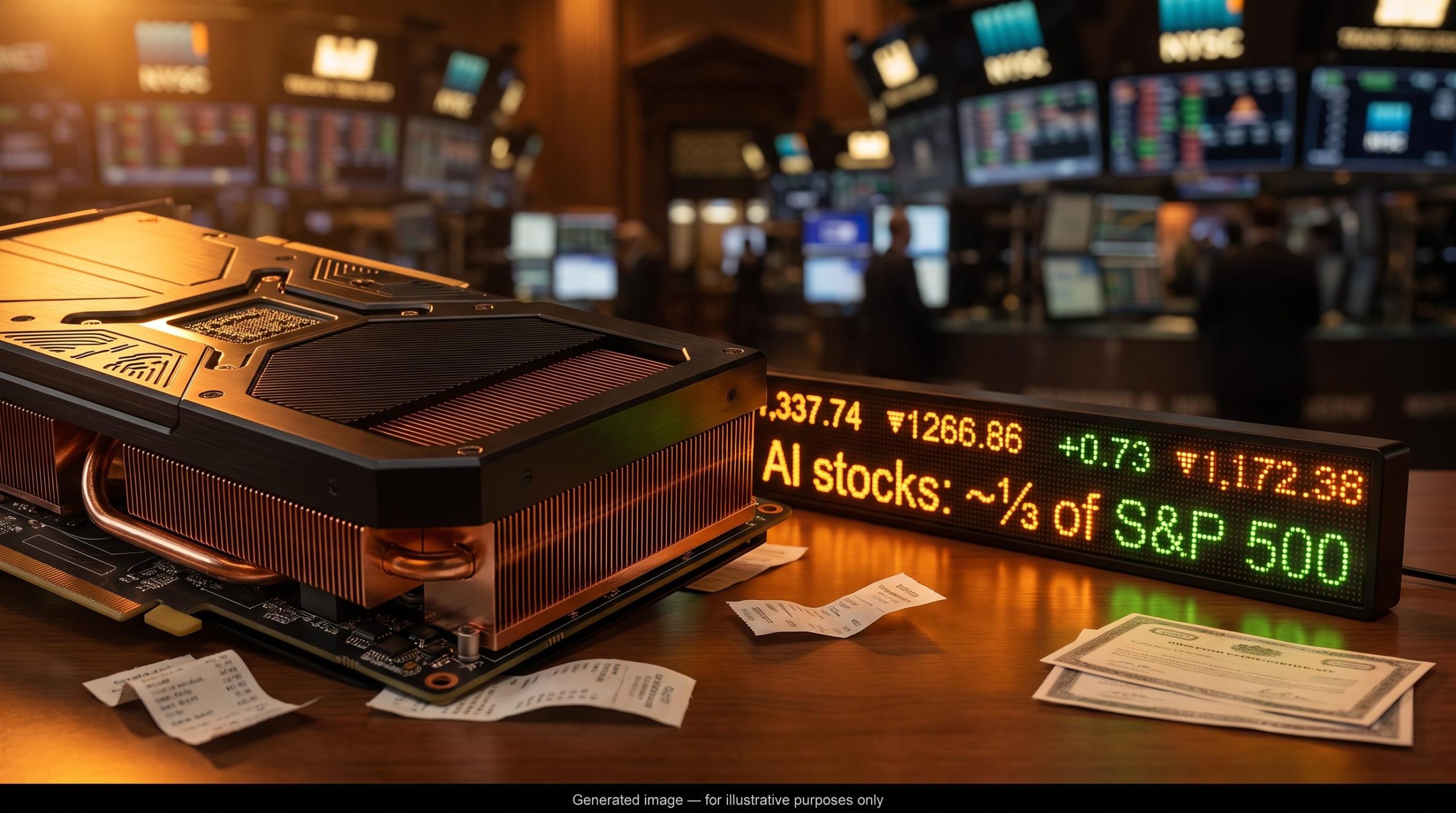 Oversized GPU dwarfs S&P 500 ticker board showing AI stocks hold roughly one-third of index weight