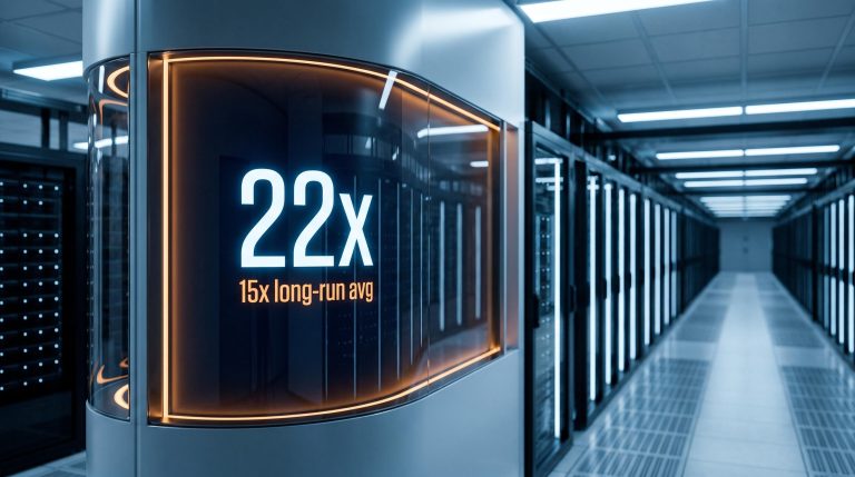 Data centre corridor with 22x forward P/E and 15x long-run average displayed on glass panel — AI market valuation risk