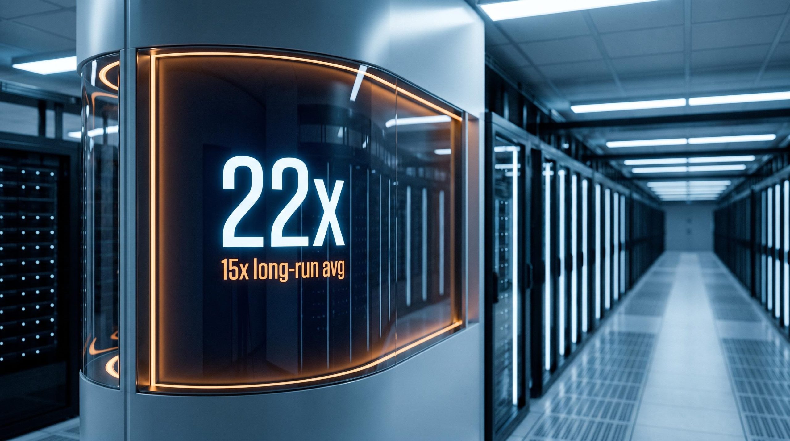 Data centre corridor with 22x forward P/E and 15x long-run average displayed on glass panel — AI market valuation risk