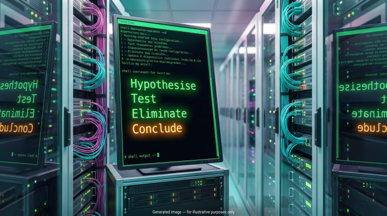 Command-line terminal showing stepwise diagnosis in a server room, illustrating explainable AI network operations